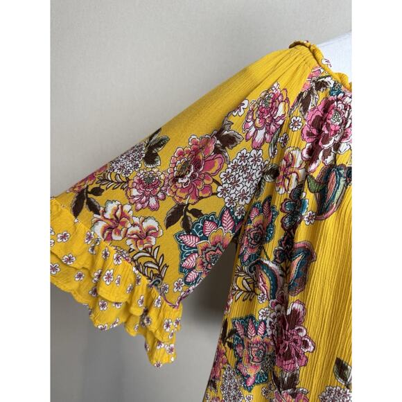 Bila Yellow Floral Blouse Top 3/4 Sleeves Sz M Ruffle Sleeves Tassel Tie - Picture 3 of 12